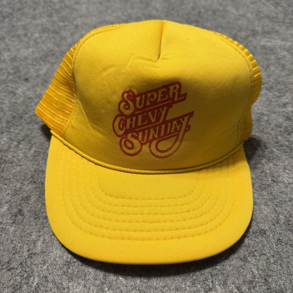 Vintage 80s Super Chevy Sunday Trucker Hat Snapback Civic Caps Yellow Racing